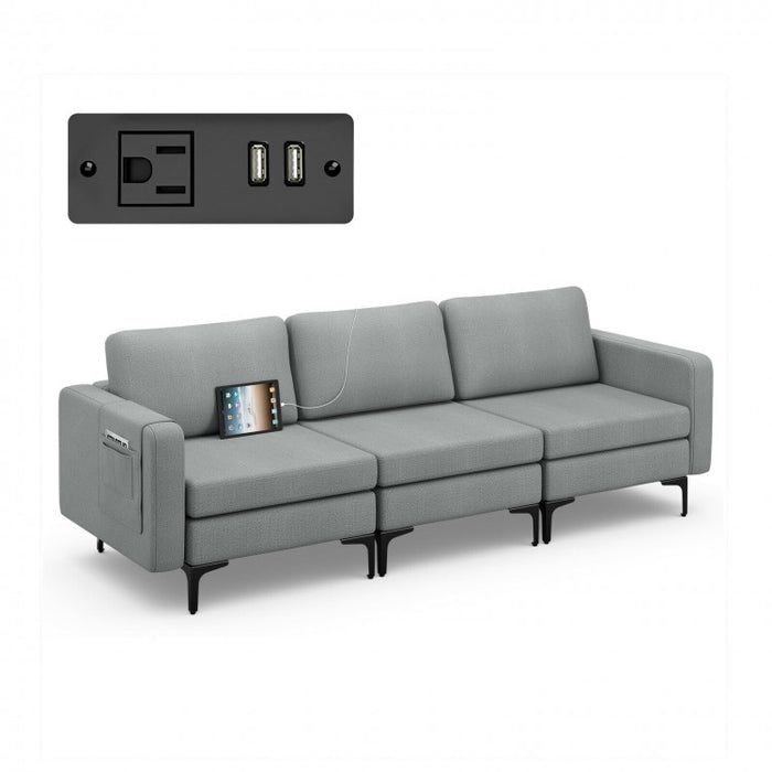 Costway Modern Leather Sofa Couch for Living Room - 3-Seater Bench with Side Pockets and USB Outlet
