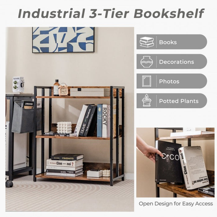 Industrial Vintage 3-Tier Metal Bookshelf - Storage Rack for Living Room and Bedroom