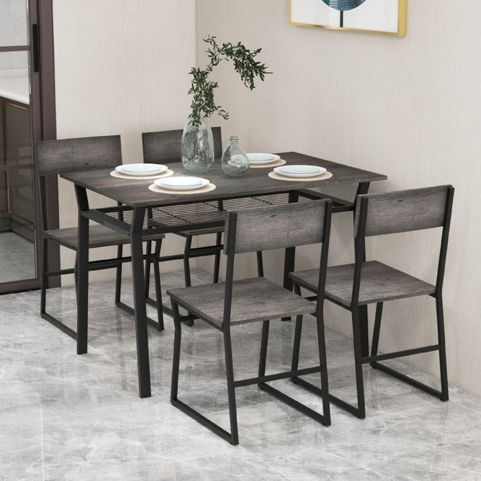 Industrial Style Dining Table Set 5-Piece with 4 Chairs and Storage Rack - Suitable for Dining Rooms and Kitchens