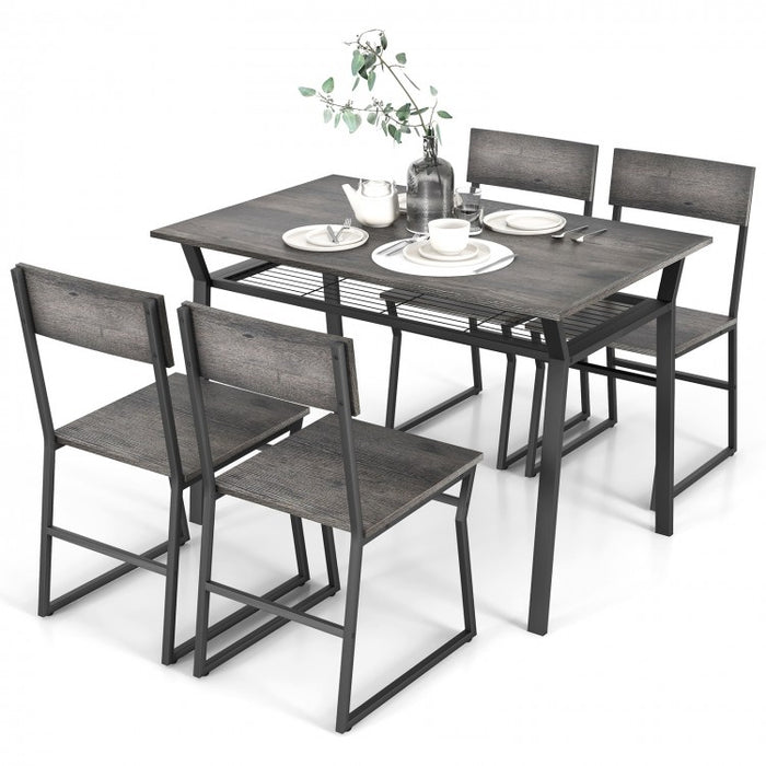 Industrial Style Dining Table Set 5-Piece with 4 Chairs and Storage Rack - Suitable for Dining Rooms and Kitchens