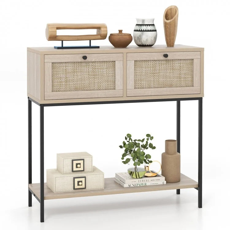 Costway Entryway Table with Storage Space, 2 Drawers and Open Shelving - Suitable for Living Room, Entry, and Hallway