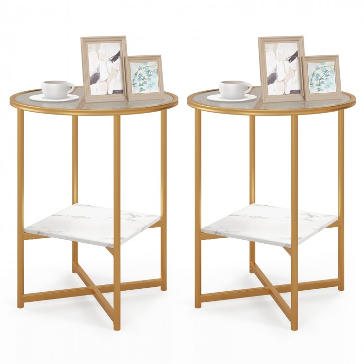 Costway Modern Round Side Table Set of 2 with Glass Top - Suitable for Bedroom and Dormitory