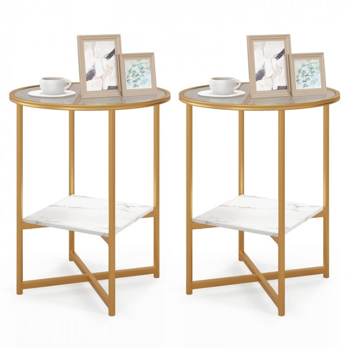 Costway Modern Round Side Table Set of 2 with Glass Top - Suitable for Bedroom and Dormitory