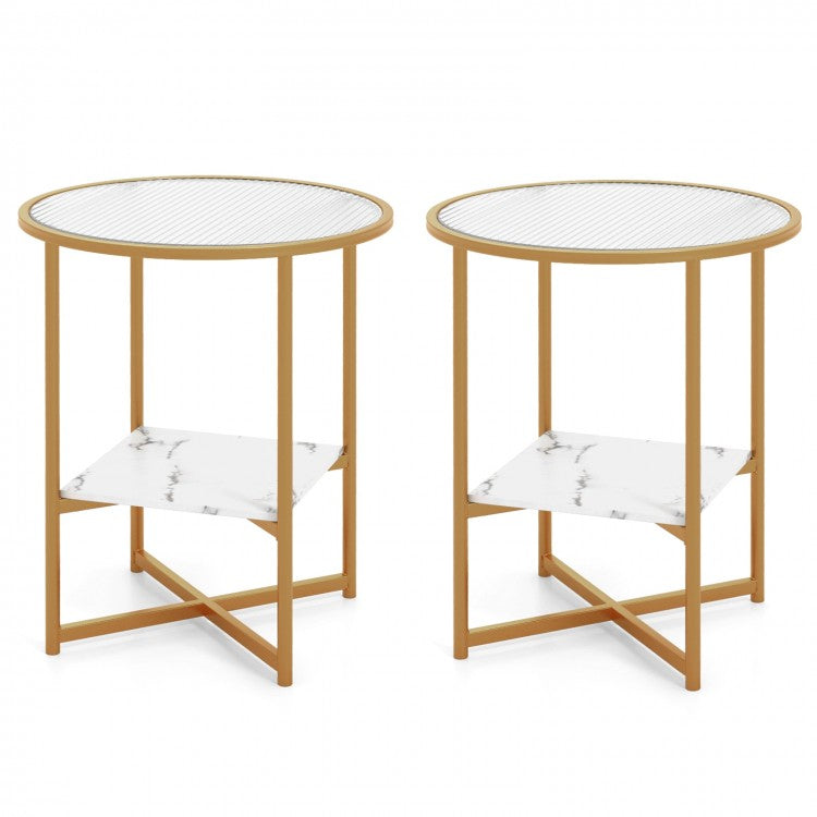 Costway Modern Round Side Table Set of 2 with Glass Top - Suitable for Bedroom and Dormitory