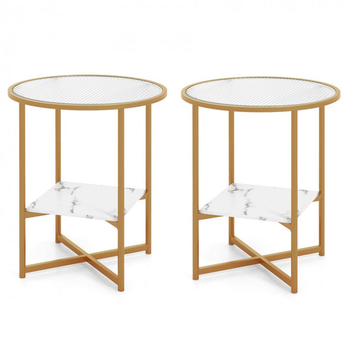 Costway Modern Round Side Table Set of 2 with Glass Top - Suitable for Bedroom and Dormitory