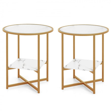 Costway Modern Round Side Table Set of 2 with Glass Top - Suitable for Bedroom and Dormitory