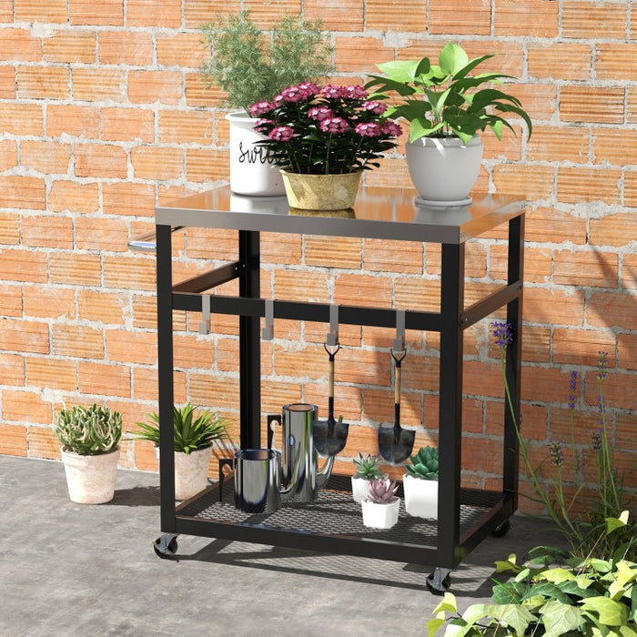 Outdoor Black Stainless Steel Double-Decker Barbecue Table Cart