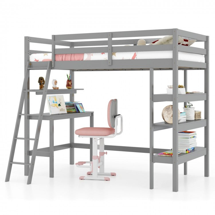 Costway Furniture:Bedroom Loft Bed with Desk and Bookshelf