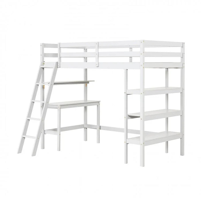 Costway Furniture:Bedroom Loft Bed with Desk and Bookshelf