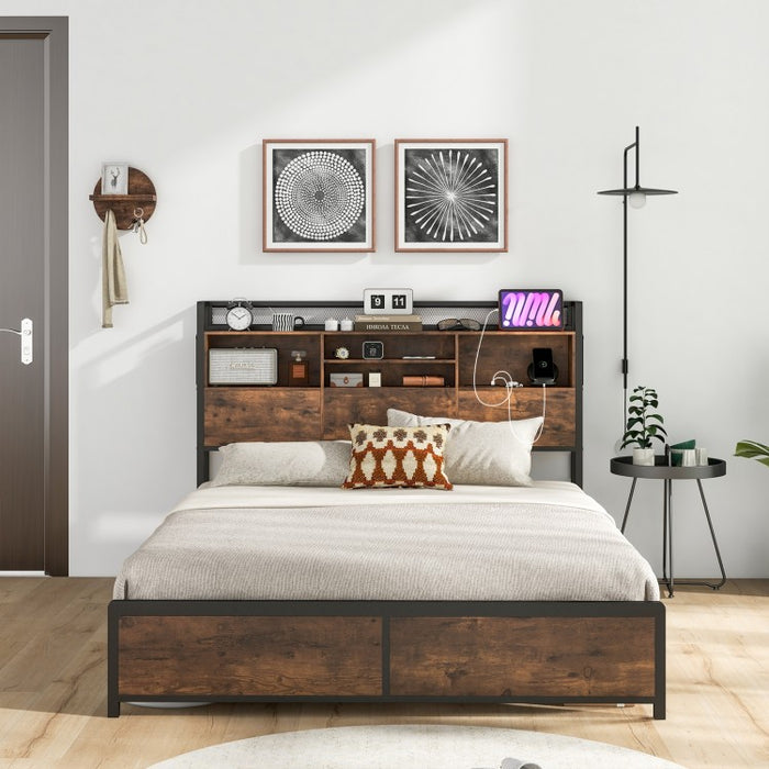 Costway Furniture:Vintage Industrial Metal Bed Frame with Headboard Shelf