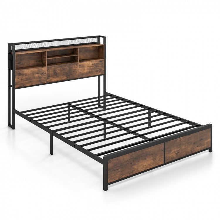 Costway Furniture:Vintage Industrial Metal Bed Frame with Headboard Shelf