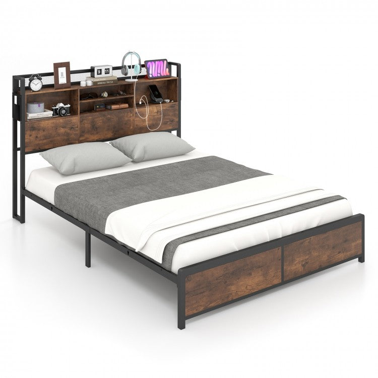 Costway Furniture:Vintage Industrial Metal Bed Frame with Headboard Shelf