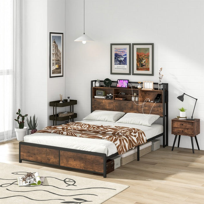 Costway Furniture:Vintage Industrial Metal Bed Frame with Headboard Shelf