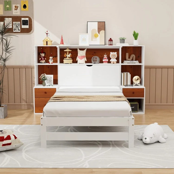 Costway Furniture:White Minimalist Bed Frame with Headboard Storage Cabinet