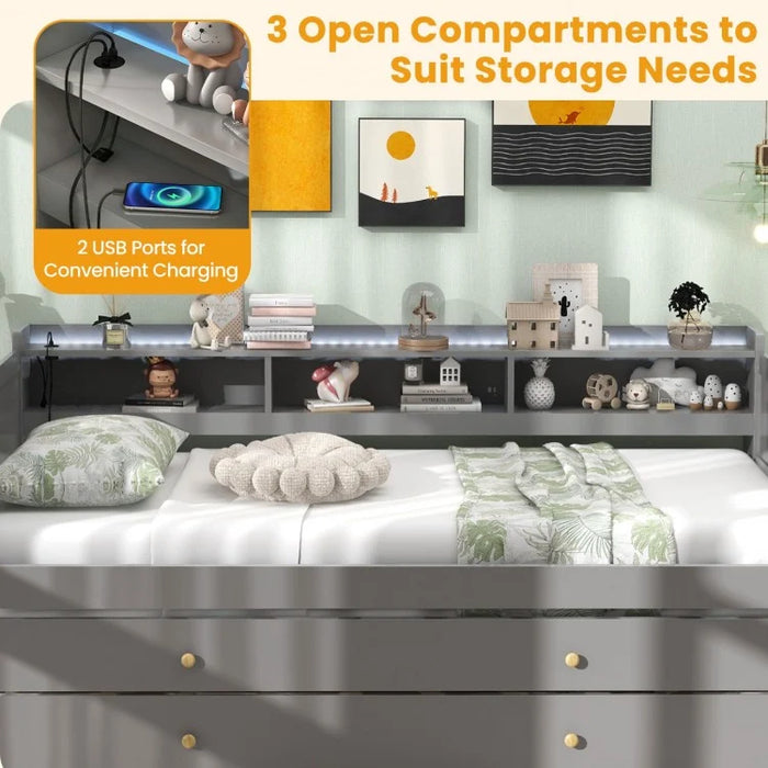 Grey Minimalist Sofa Bed Frame with Built-in 2 Pull-out Beds