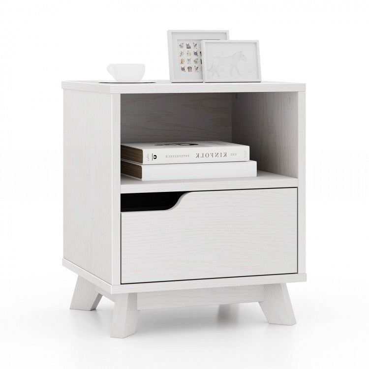 Costway Modern White Side Table Nightstand with Drawer and Open Shelf - Suitable for Living Room and Bedroom