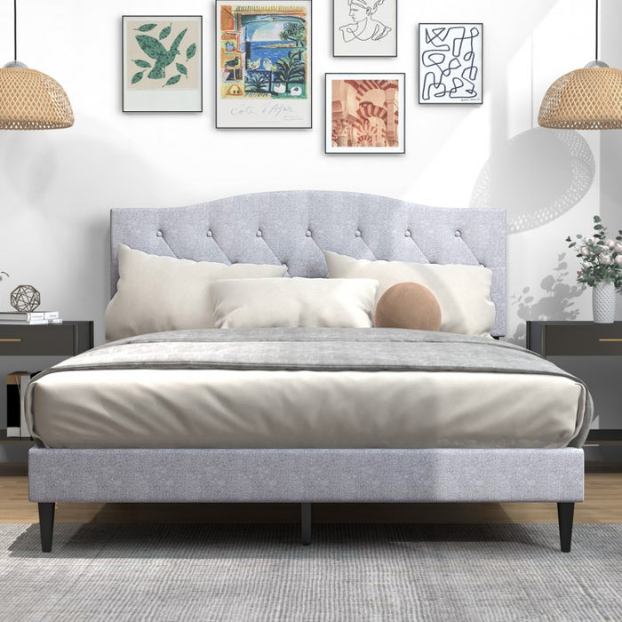 Gray Linen Upholstered Headboard with Wooden Bed Frame