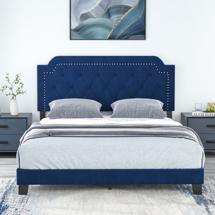 Blue Velvet Upholstered Headboard Platform Bed for Bedroom