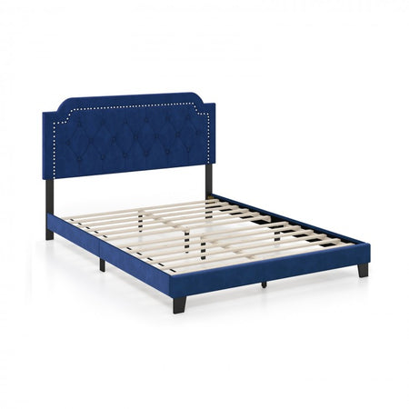 Blue Velvet Upholstered Headboard Platform Bed for Bedroom