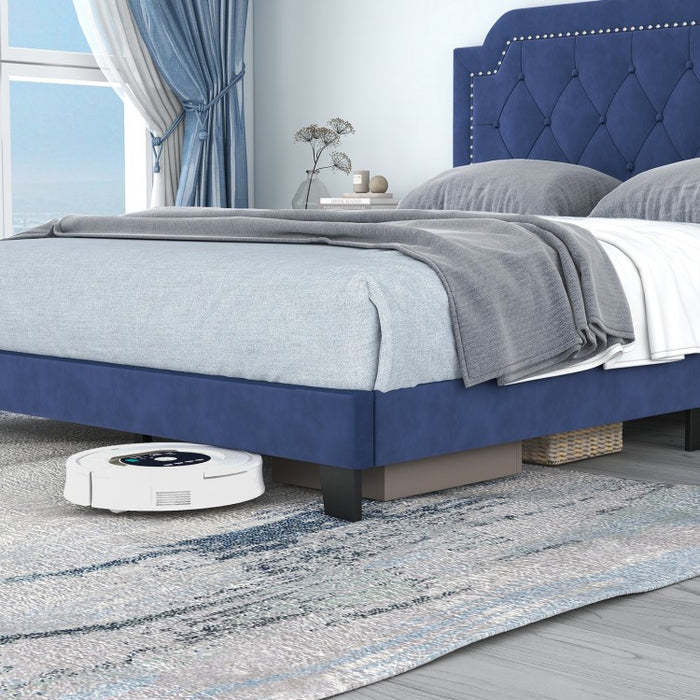 Blue Velvet Upholstered Headboard Platform Bed for Bedroom