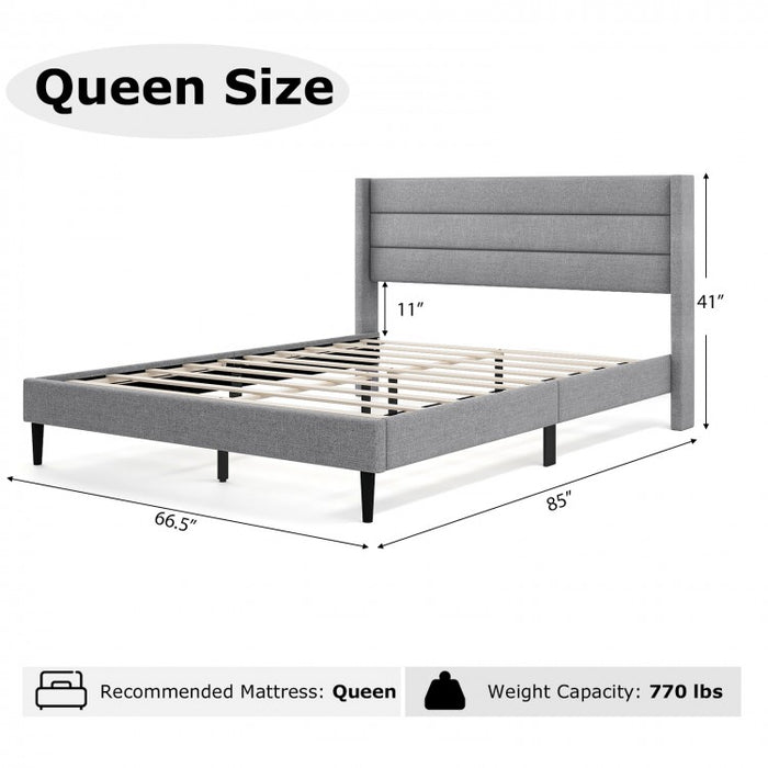Grey Linen Upholstered Bed Frame with Tall Headboard