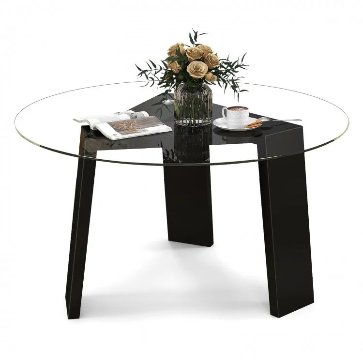 Costway Modern Round Coffee Table with Glass Top - Suitable for Living Room and Cafe