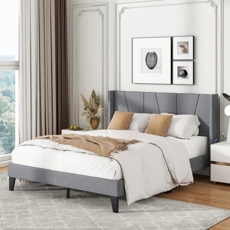 Modern Minimalist Platform Bed with Headboard Storage Pockets