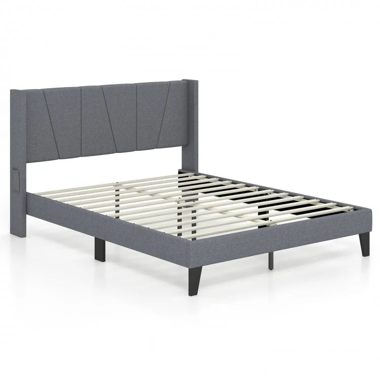Modern Minimalist Platform Bed with Headboard Storage Pockets