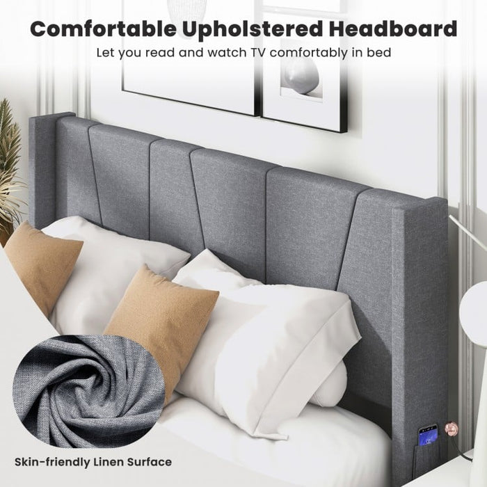 Modern Minimalist Platform Bed with Headboard Storage Pockets