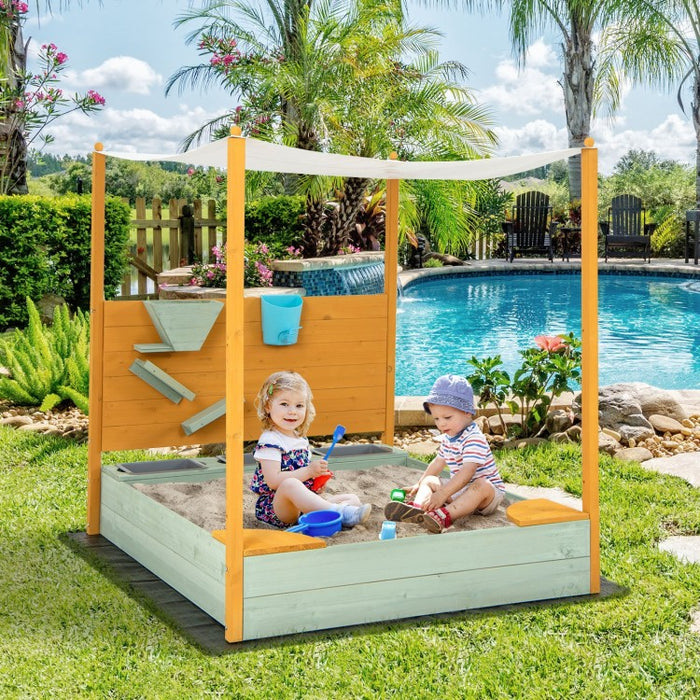 Outdoor Courtyard Children's Sandbox with Sand Walls and Removable Canopy for Kids Aged 3-8