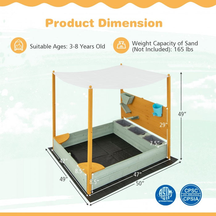 Outdoor Courtyard Children's Sandbox with Sand Walls and Removable Canopy for Kids Aged 3-8