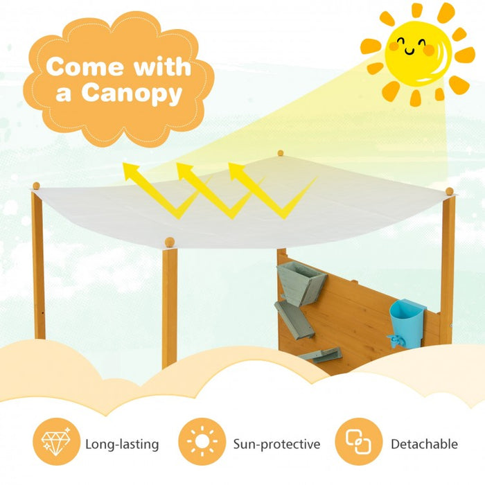 Outdoor Courtyard Children's Sandbox with Sand Walls and Removable Canopy for Kids Aged 3-8