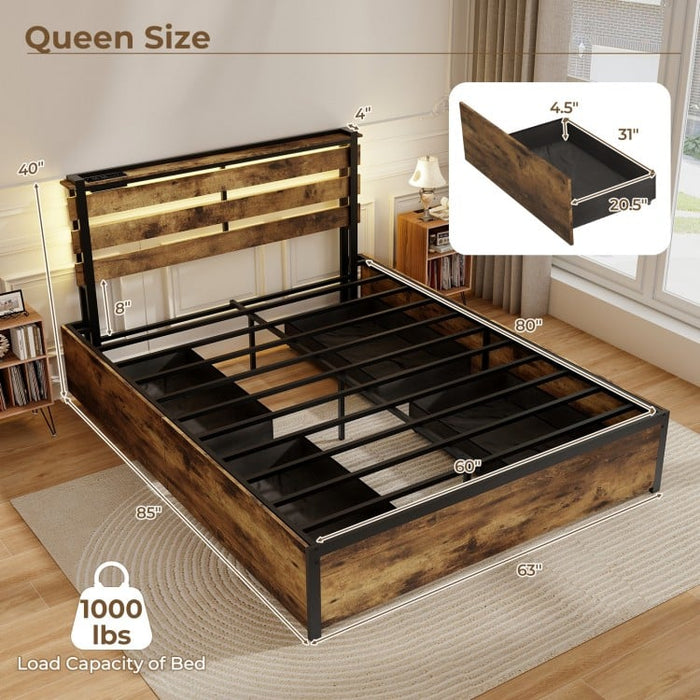 Industrial Style Metal Bed Frame with Drawers USB Ports and LED Lights