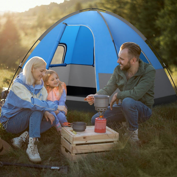 Outdoor Camping Tent with Removable Ground Mat and Rain Cover - Blue, Accommodates Up to 3 People