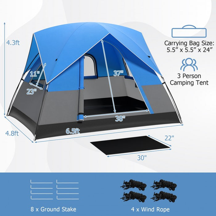 Outdoor Camping Tent with Removable Ground Mat and Rain Cover - Blue, Accommodates Up to 3 People