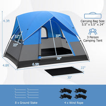 Charger l&#39;image dans la galerie, Outdoor Camping Tent with Removable Ground Mat and Rain Cover - Blue, Accommodates Up to 3 People
