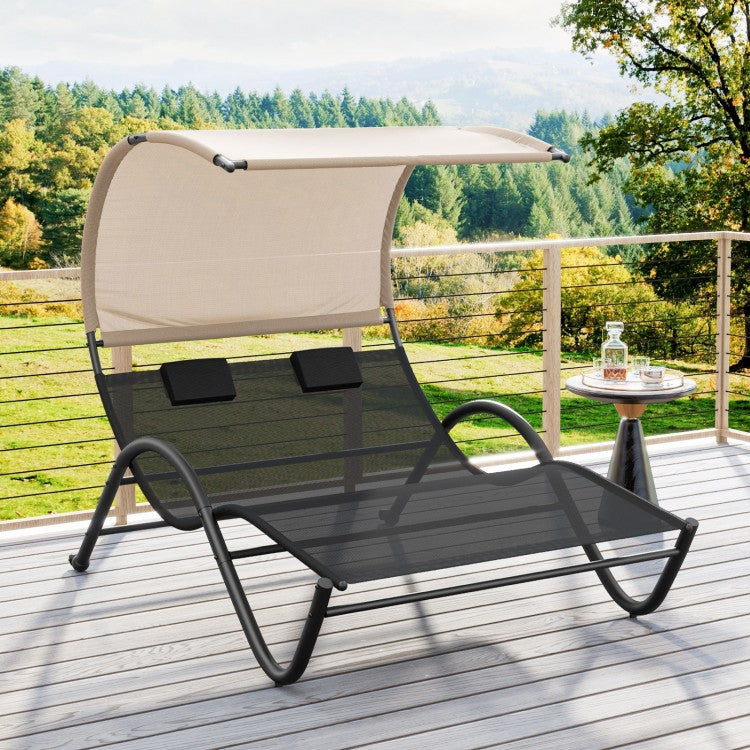 Costway Outdoor Daybeds with Canopy - Double Lounge Chair and Headrest - Suitable for Patio, Pool, and Backyard