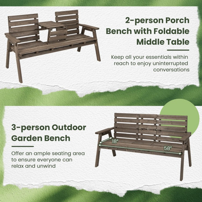 Outdoor Garden Foldable Central Table with 2-Seater Wooden Bench Chairs