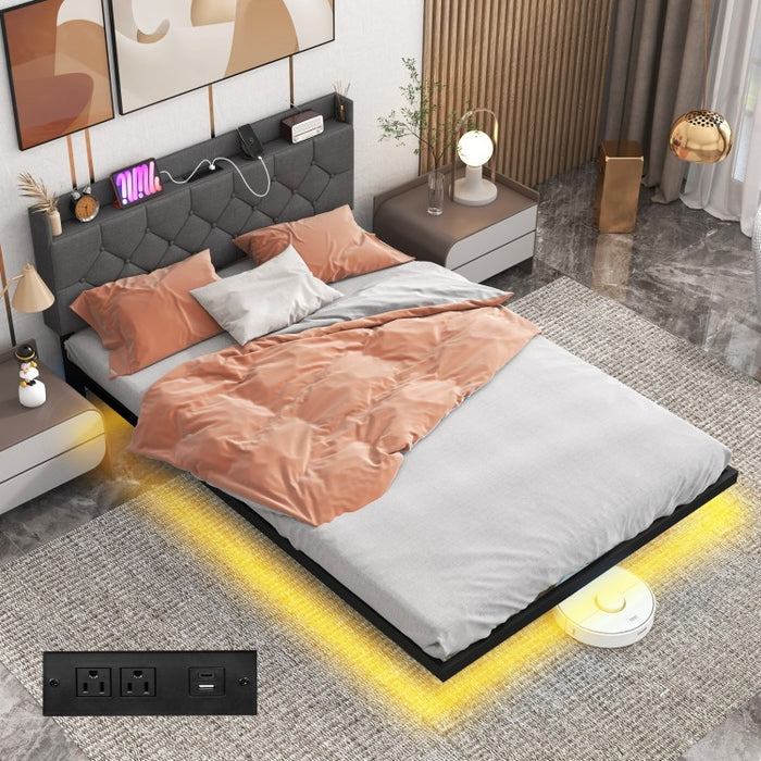 Gray Metal Bed Frame with Built-in LED Lights and Charging Station