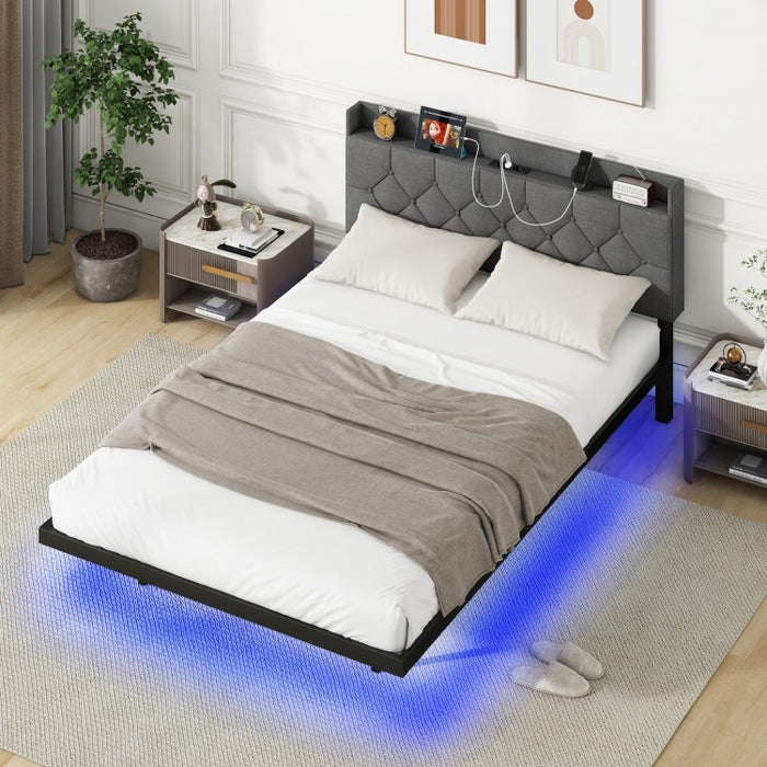 Gray Metal Bed Frame with Built-in LED Lights and Charging Station