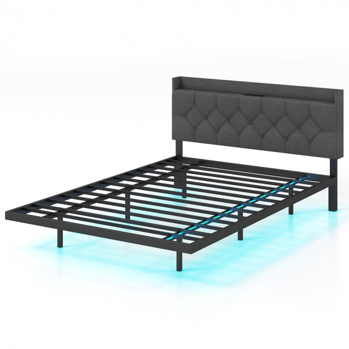 Gray Metal Bed Frame with Built-in LED Lights and Charging Station
