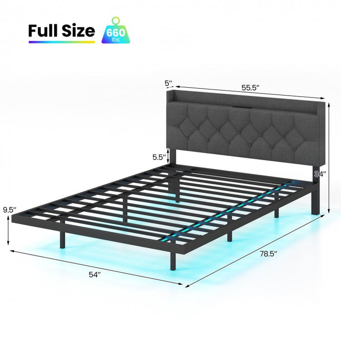 Gray Metal Bed Frame with Built-in LED Lights and Charging Station