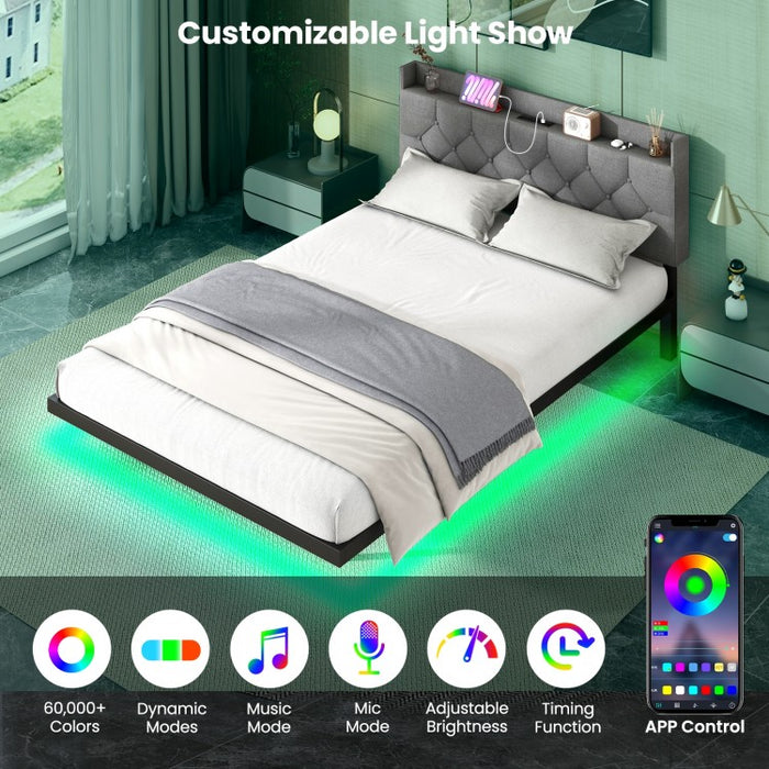 Gray Metal Bed Frame with Built-in LED Lights and Charging Station