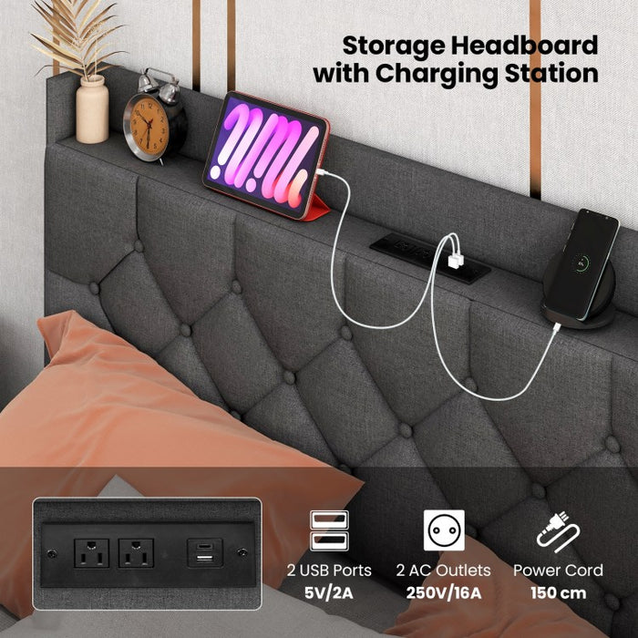 Gray Metal Bed Frame with Built-in LED Lights and Charging Station