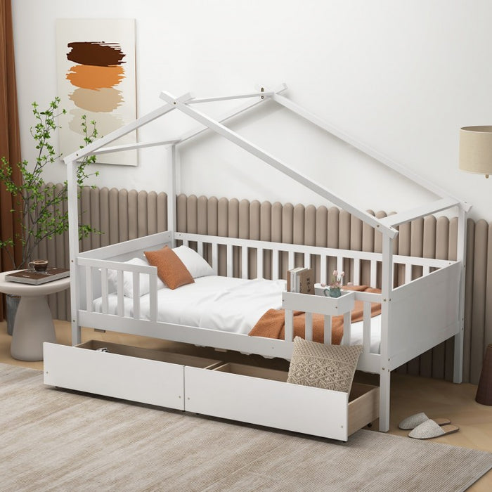 White Loveseat Sofa Bed with Drawers and Roof-Style Frame
