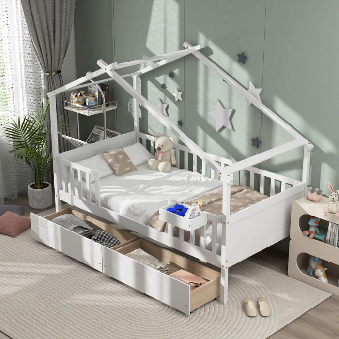 White Loveseat Sofa Bed with Drawers and Roof-Style Frame