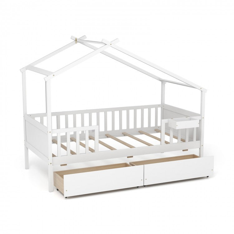 White Loveseat Sofa Bed with Drawers and Roof-Style Frame