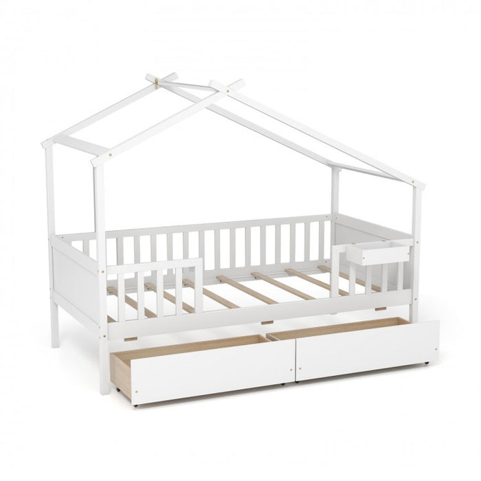 White Loveseat Sofa Bed with Drawers and Roof-Style Frame