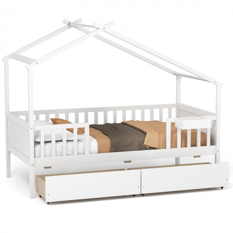 White Loveseat Sofa Bed with Drawers and Roof-Style Frame