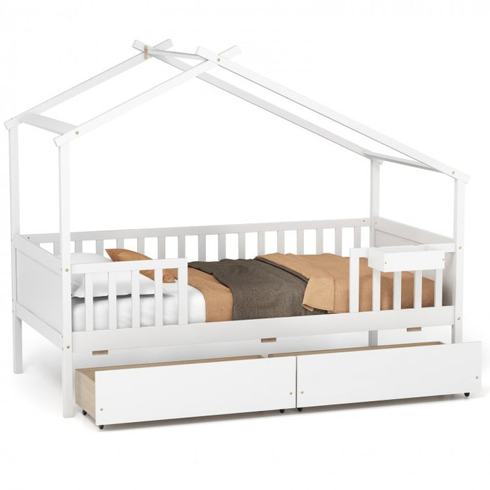 White Loveseat Sofa Bed with Drawers and Roof-Style Frame
